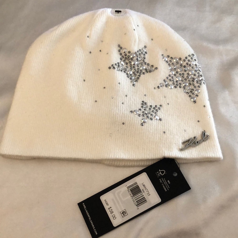 Karl Lagerfeld Paris Ivory White Ribbed Beanie Hat Sparkle Stars OS NWT